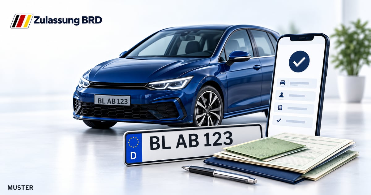 Online Fahrzeugzulassung in Balingen: Musterkennzeichen BL AB 123, Auto und Fahrzeugpapiere und Smartphone. Illustration mit Logo von Zulassung BRD.